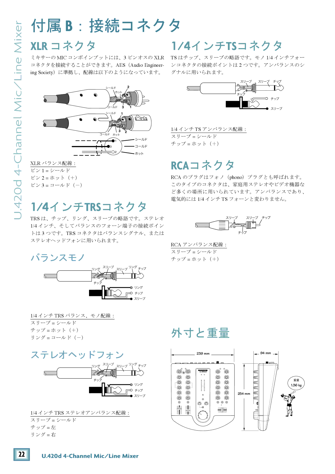 Mackie U.420D manual 付属 B：接続コネクタ, 4インチTSコネクタ, 4インチTRSコネクタ, Rcaコネクタ, 外寸と重量 