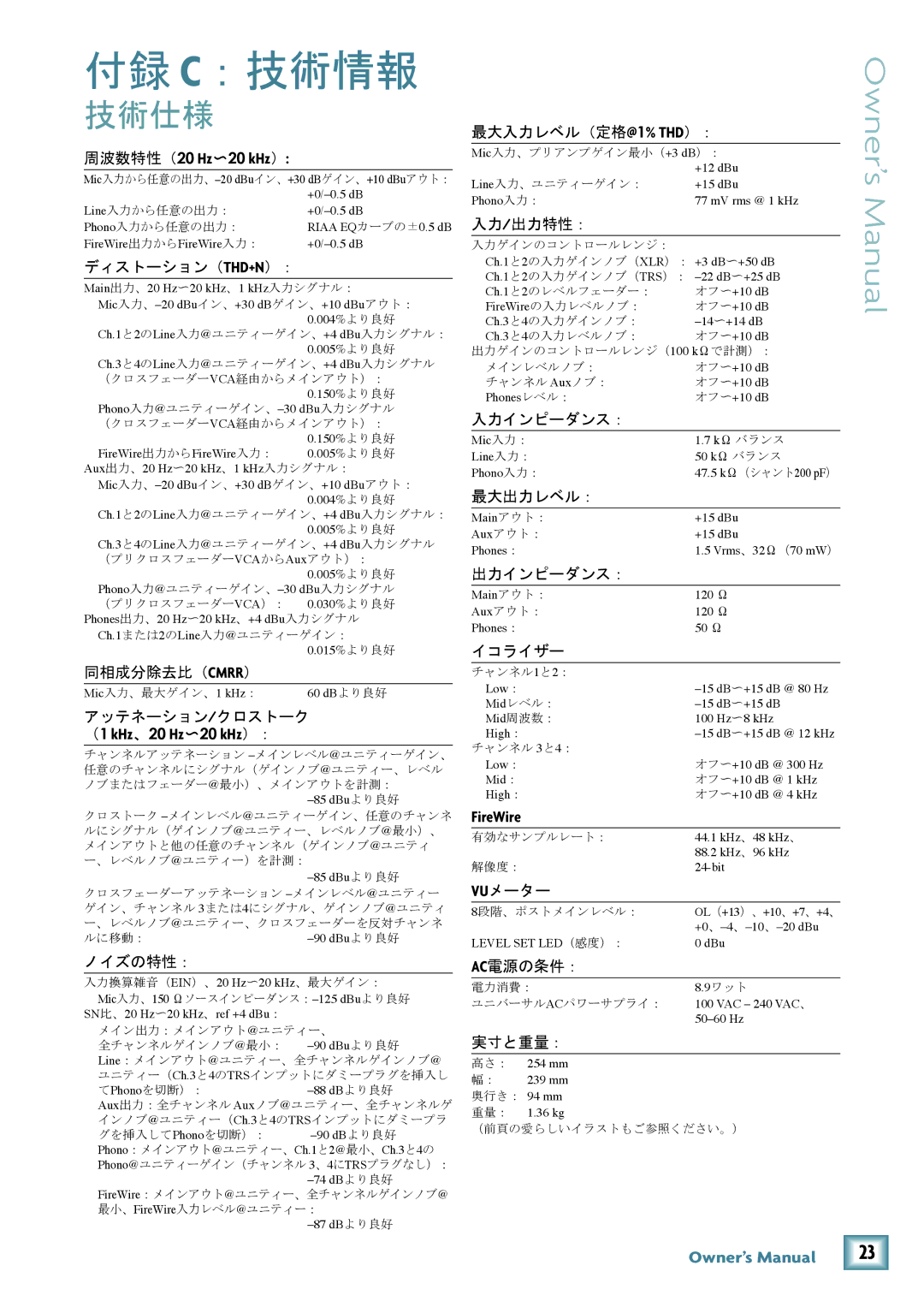 Mackie U.420D manual 付録 C：技術情報, 技術仕様 