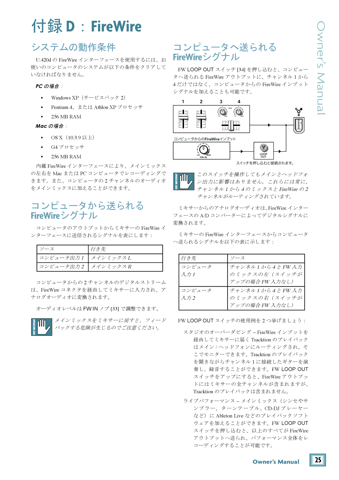 Mackie U.420D manual FireWireシグナル, FireWire シグナル, システムの動作条件, コンピュータから送られる, コンピュータへ送られる 