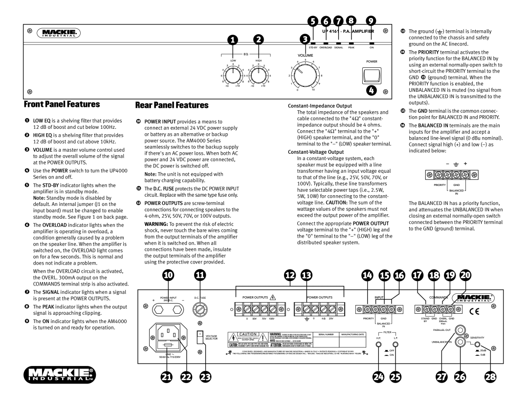 Mackie UP4000 quick start Rear Panel Features, Constant-Impedance Output Outputs, Constant-Voltage Output 