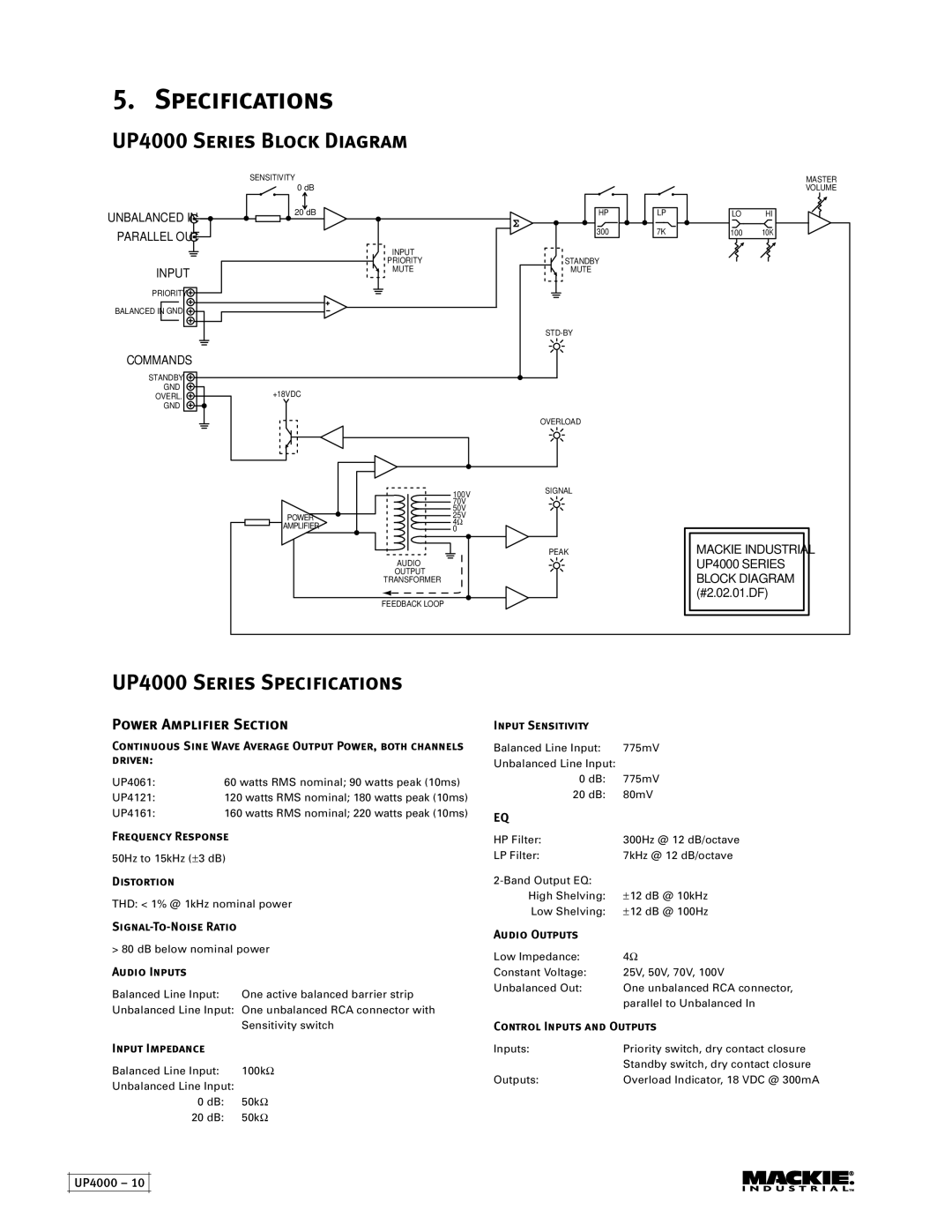 Mackie UP4121, UP4161, UP4061 instruction manual UP4000 Series Block Diagram, UP4000 Series Specifications 