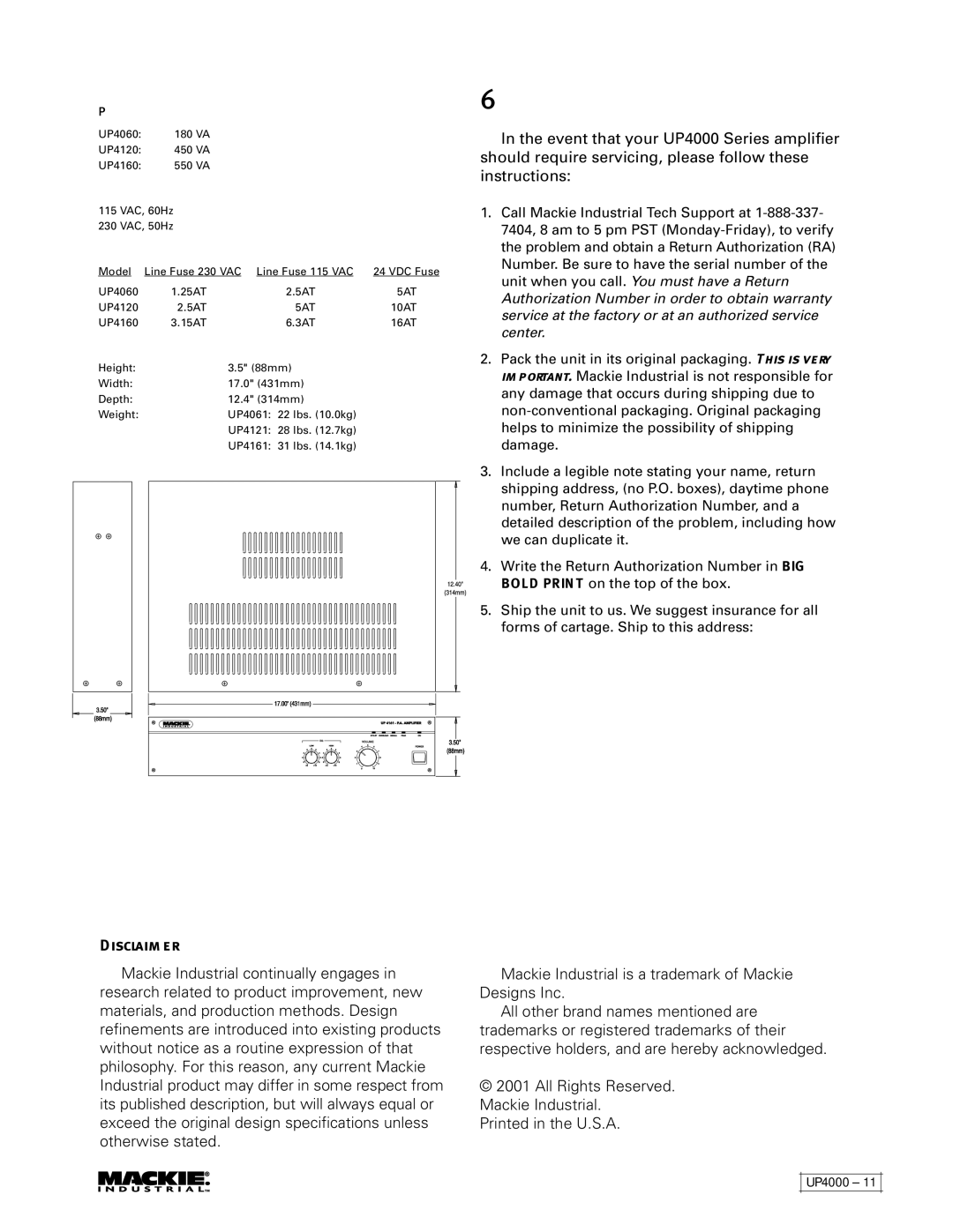 Mackie UP4061, UP4161, UP4121 instruction manual Service Information, General 