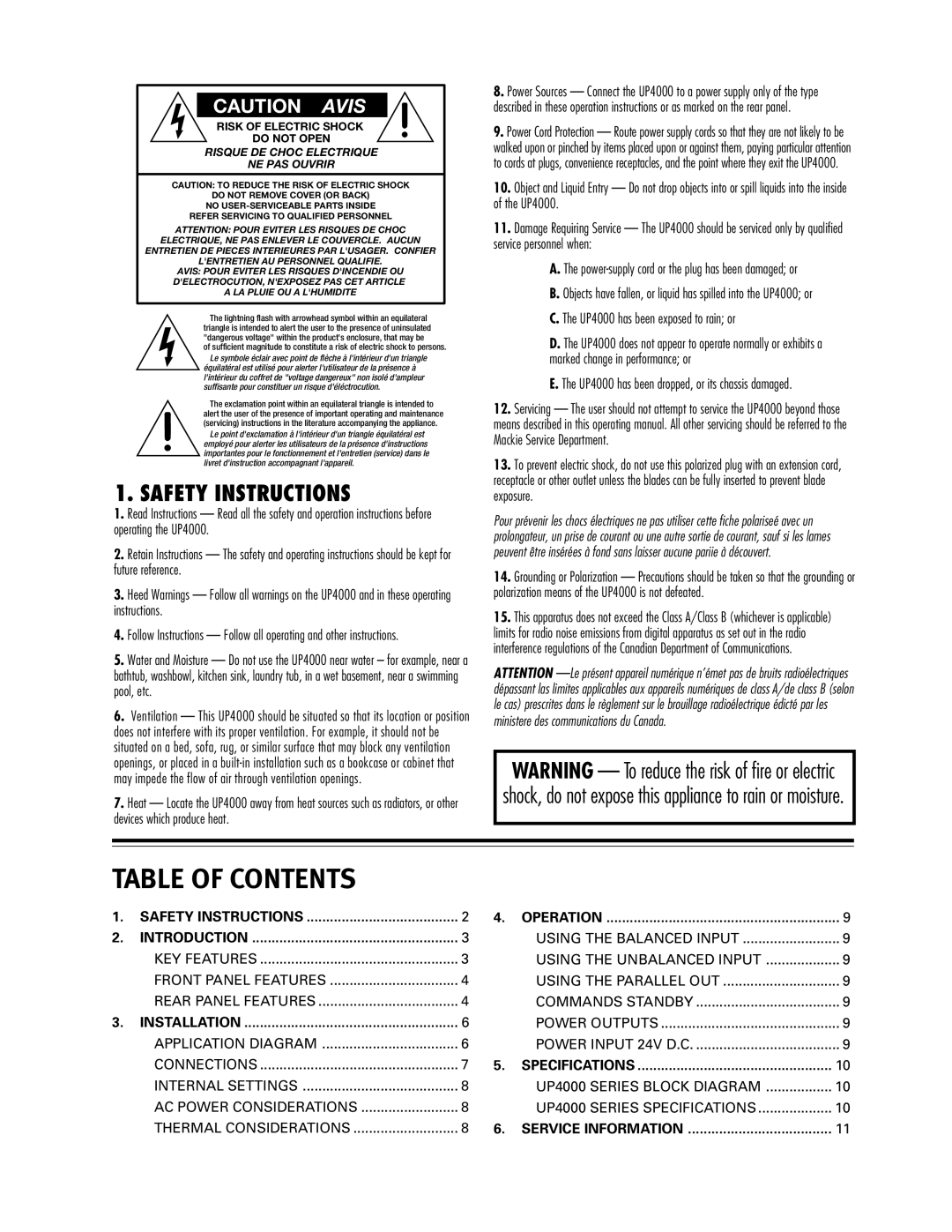 Mackie UP4061, UP4161, UP4121 instruction manual Table of Contents 