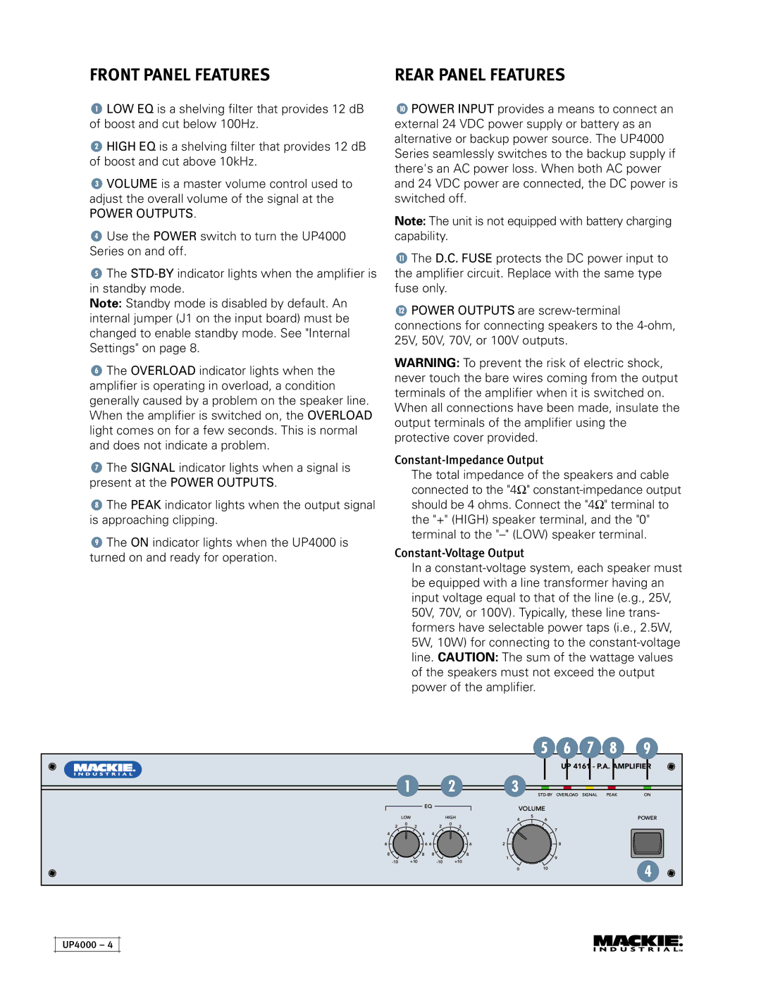 Mackie UP4121, UP4161, UP4061 instruction manual Front Panel Features, Rear Panel Features 