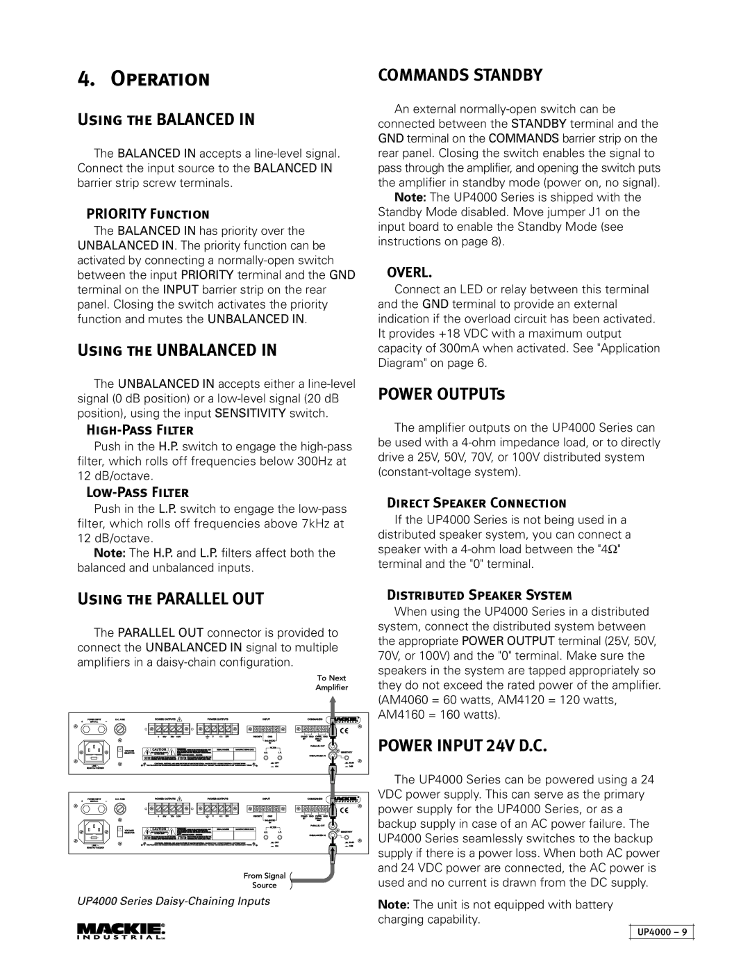 Mackie UP4161, UP4121, UP4061 instruction manual Operation, Commands Standby, Power Input 24V D.C 