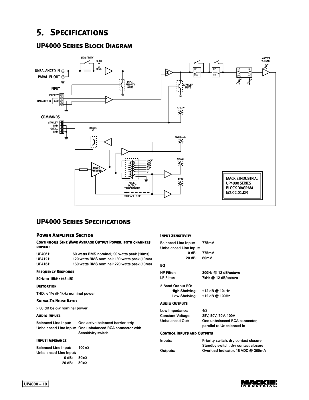 Mackie UP4121, UP4161, UP4061 UP4000 Series Block Diagram, UP4000 Series Specifications, Power Amplifier Section 