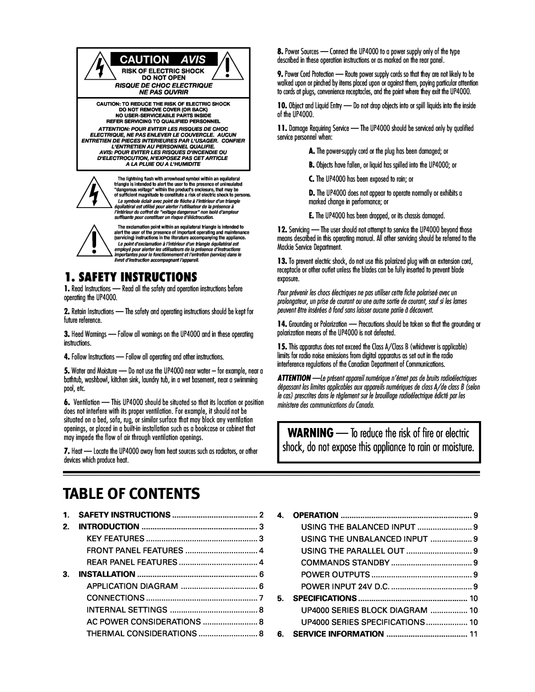 Mackie UP4061 Table Of Contents, Safety Instructions, Caution Avis, Introduction, Installation, Operation, Specifications 