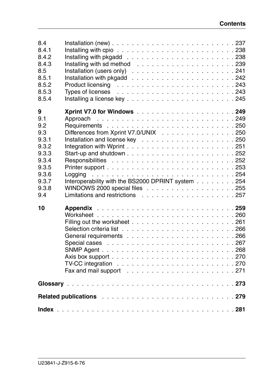 Mackie manual 239, Xprint V7.0 for Windows 249, Glossary 273, 279, Index 281 