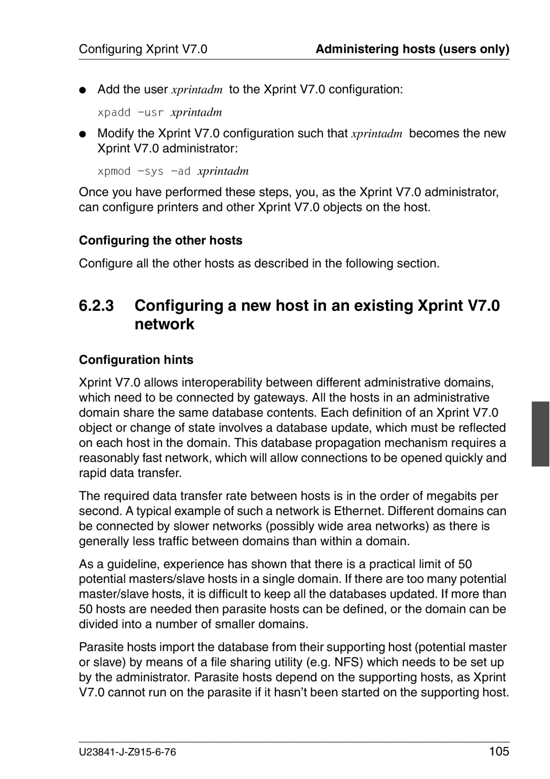 Mackie manual Configuring a new host in an existing Xprint V7.0 network, Configuring the other hosts, 105 