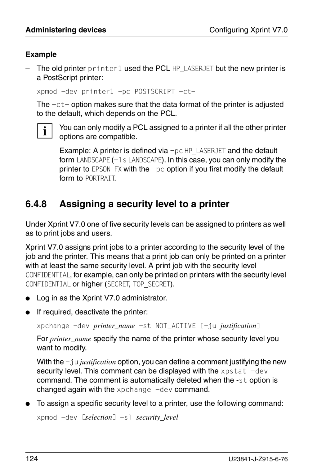 Mackie V7.0 manual Assigning a security level to a printer, Administering devices Configuring Xprint Example, 124 