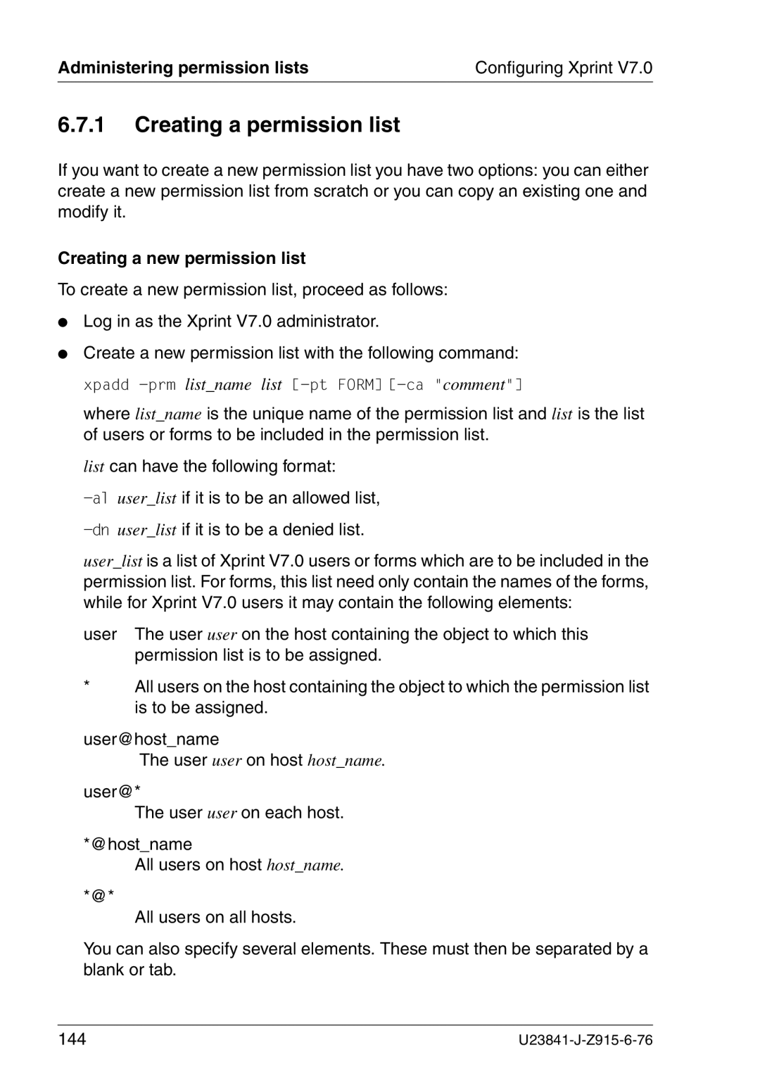 Mackie V7.0 Creating a permission list, Administering permission lists Configuring Xprint, Creating a new permission list 