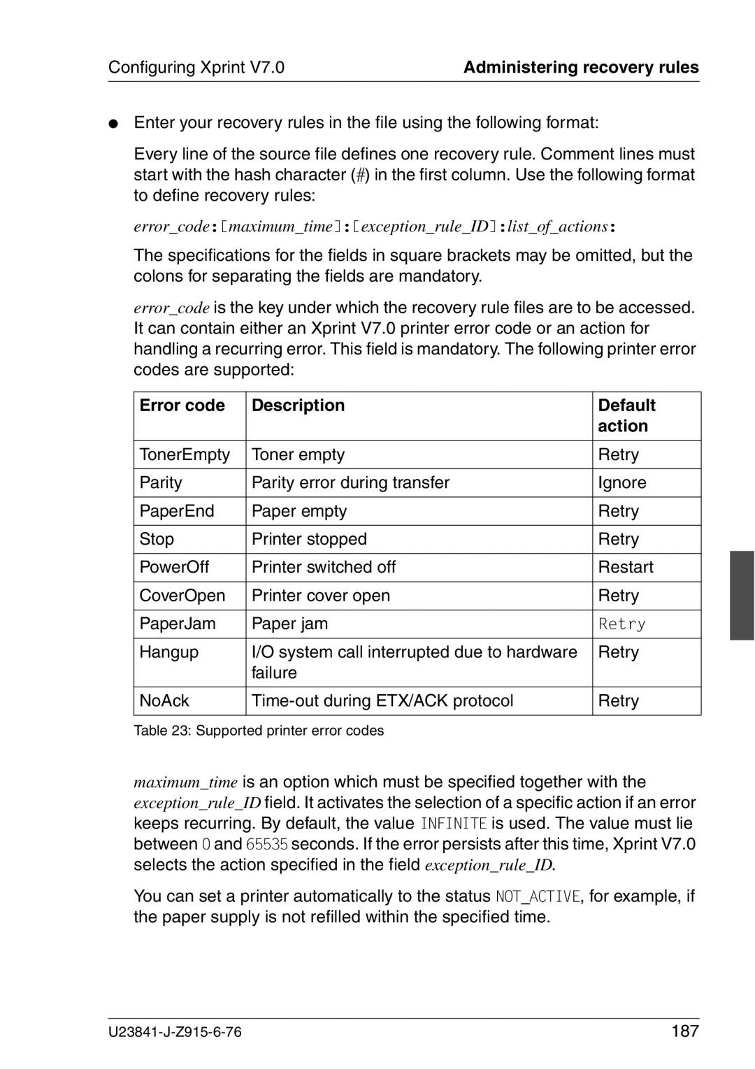 Mackie V7.0 manual Error code Description Default Action, 187 