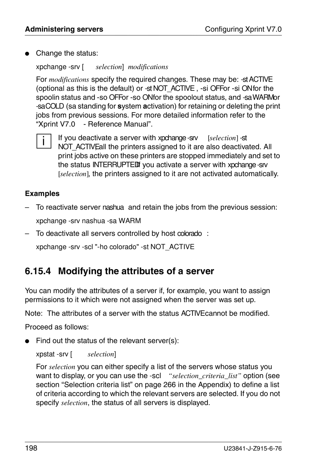 Mackie V7.0 manual Modifying the attributes of a server, Change the status, 198 