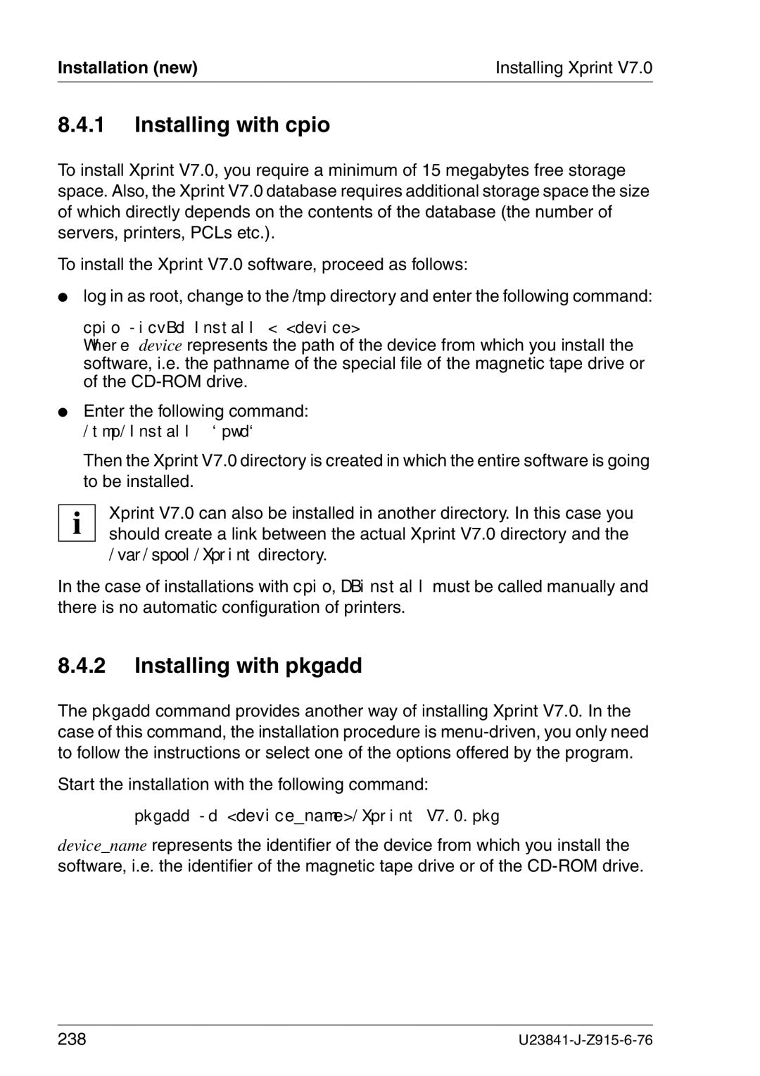 Mackie V7.0 manual Installing with cpio, Installing with pkgadd, Installation new 