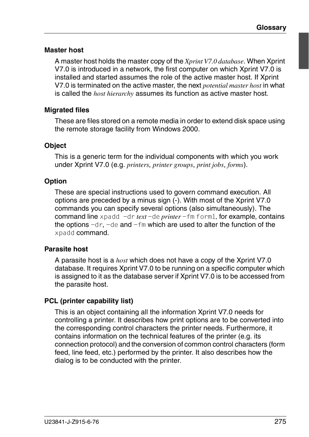 Mackie V7.0 manual Glossary Master host, Object, Option, Parasite host, PCL printer capability list 