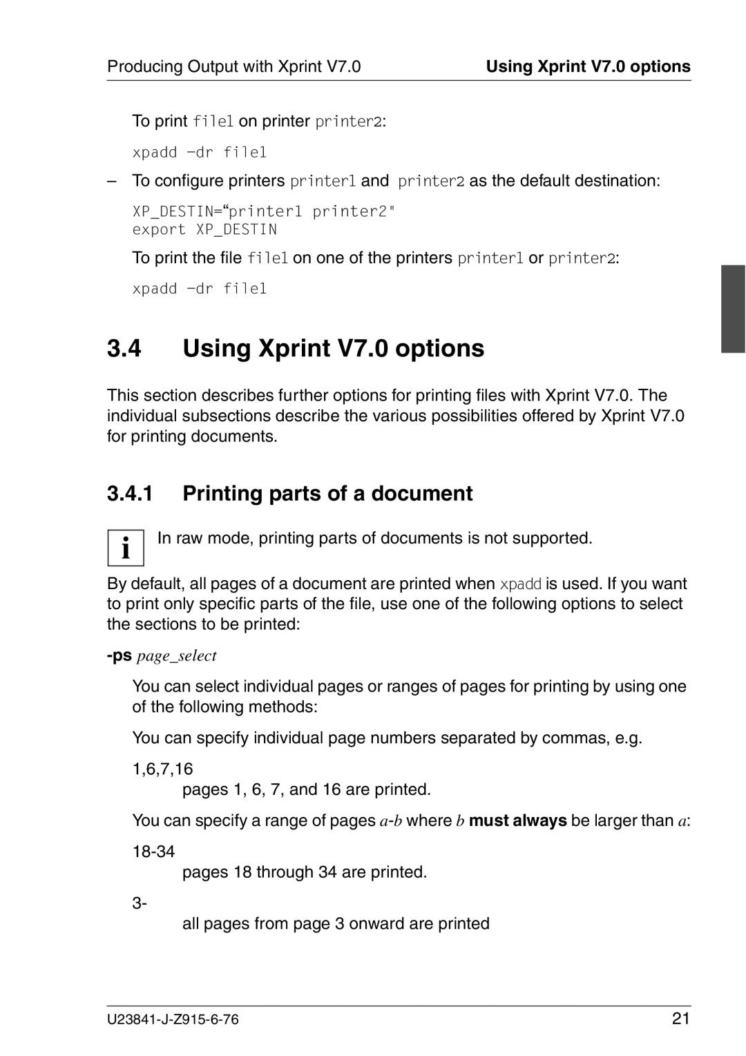 Mackie manual Using Xprint V7.0 options, Printing parts of a document, To print file1 on printer printer2 