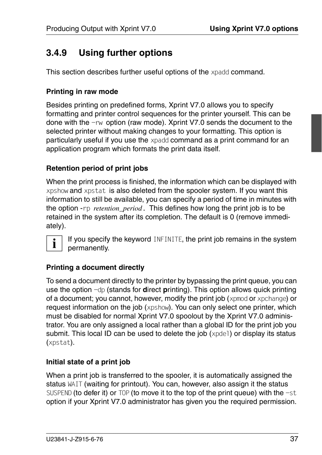 Mackie V7.0 Using further options, Printing in raw mode, Retention period of print jobs, Printing a document directly 