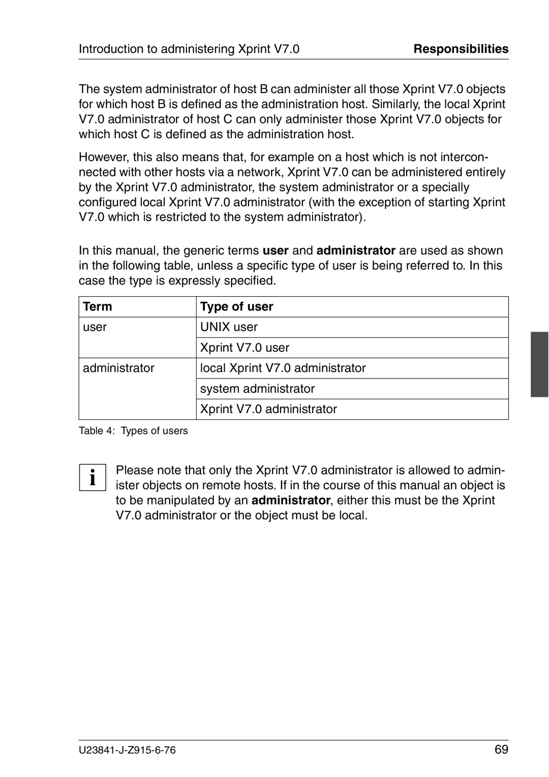 Mackie V7.0 manual Introduction to administering Xprint, Term Type of user 