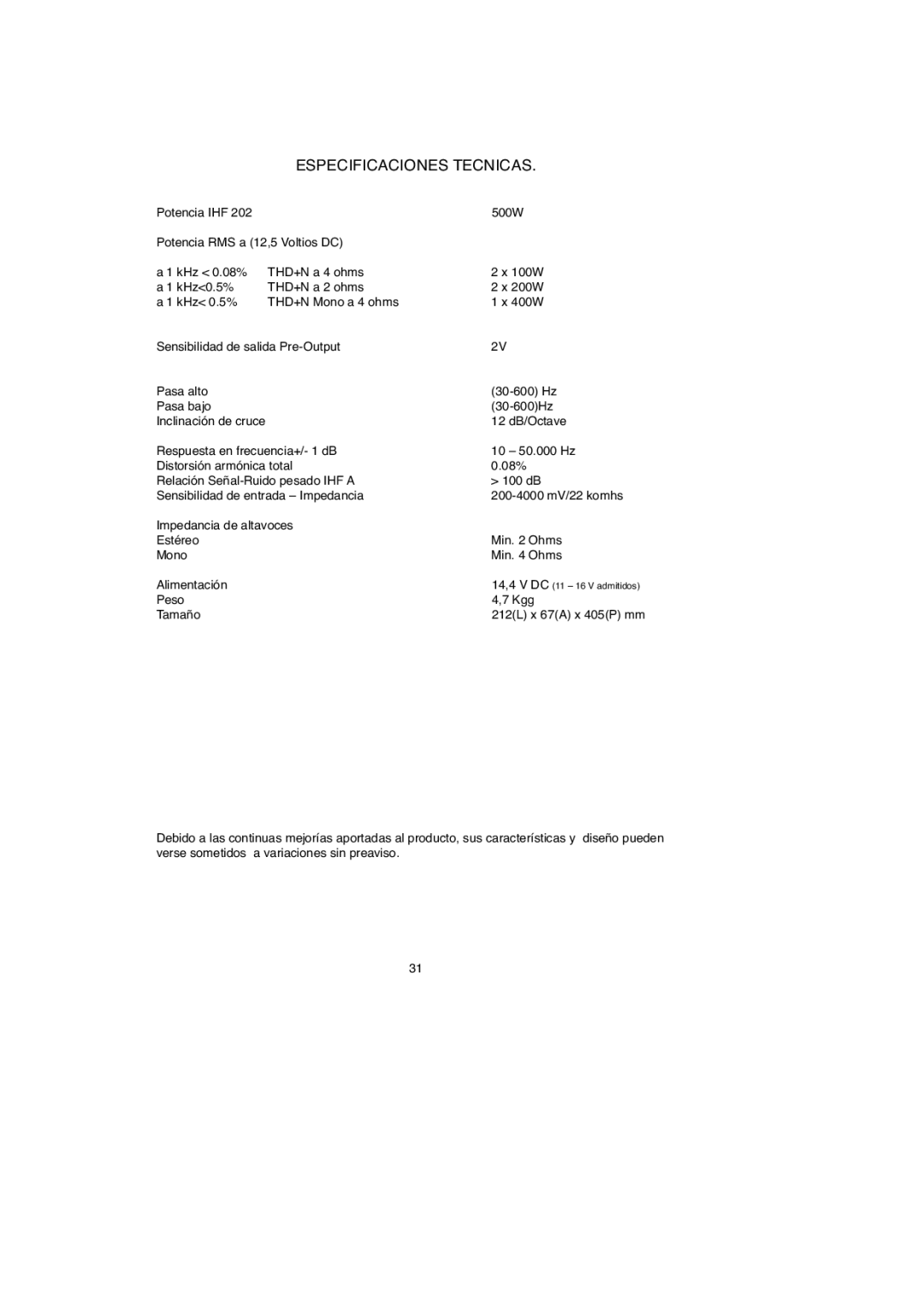 Macrom 2.100x owner manual Especificaciones Tecnicas 