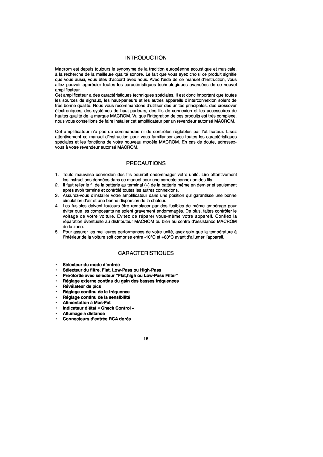 Macrom 2.100x owner manual Caracteristiques, Introduction, Precautions 