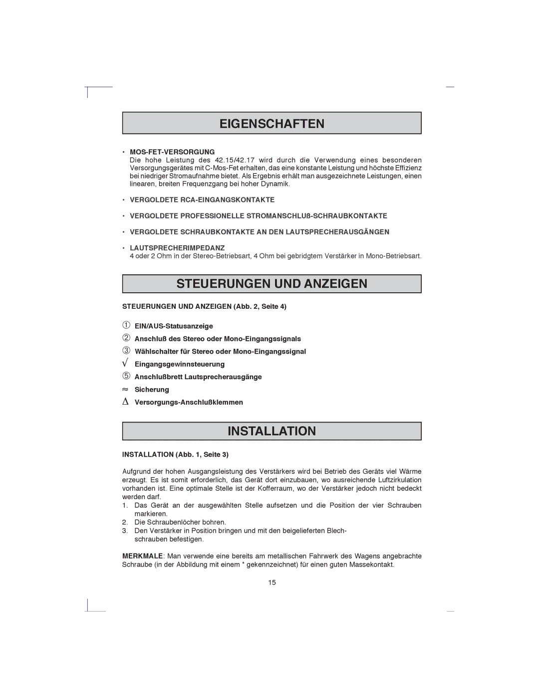 Macrom 42.15, 42.17 owner manual Steuerungen UND Anzeigen, Mos-Fet-Versorgung 