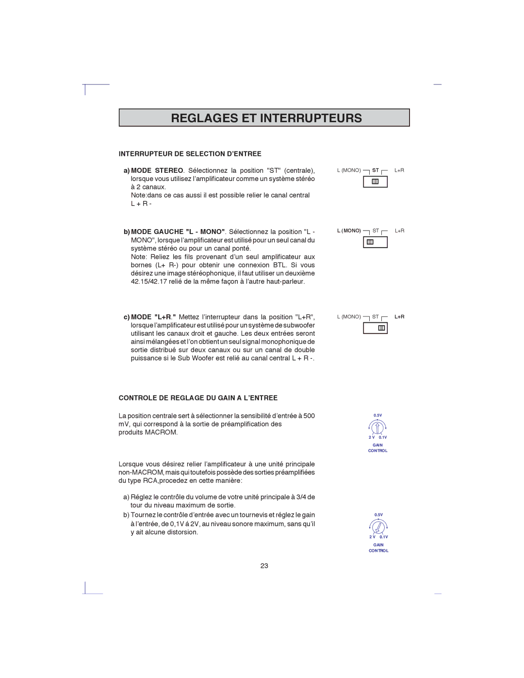 Macrom 42.15, 42.17 Reglages ET Interrupteurs, Interrupteur DE Selection D’ENTREE, Controle DE Reglage DU Gain a L’ENTREE 