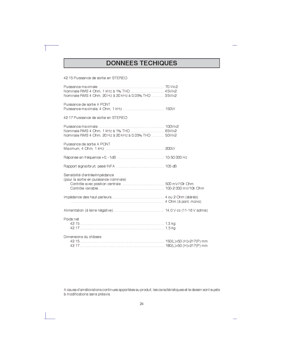 Macrom 42.17, 42.15 owner manual Donnees Techiques 