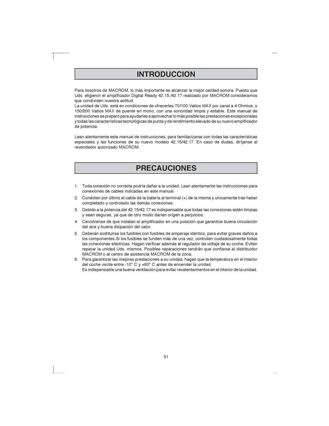 Macrom 42.15, 42.17 owner manual Introduccion, Precauciones 