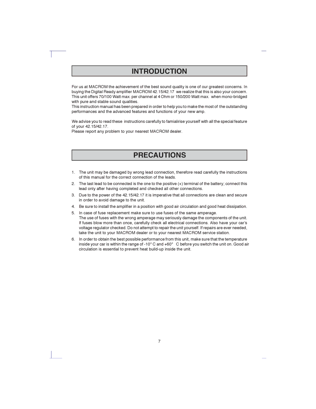 Macrom 42.15, 42.17 owner manual Introduction, Precautions 