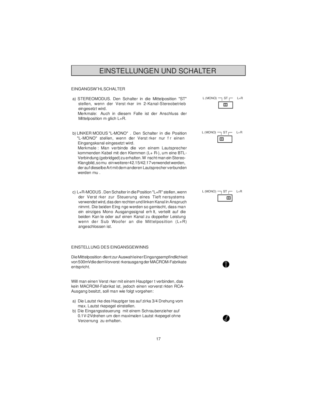 Macrom 42.26, 42.24 owner manual Einstellungen UND Schalter, Eingangswählschalter, Einstellung DES Eingansgewinns 