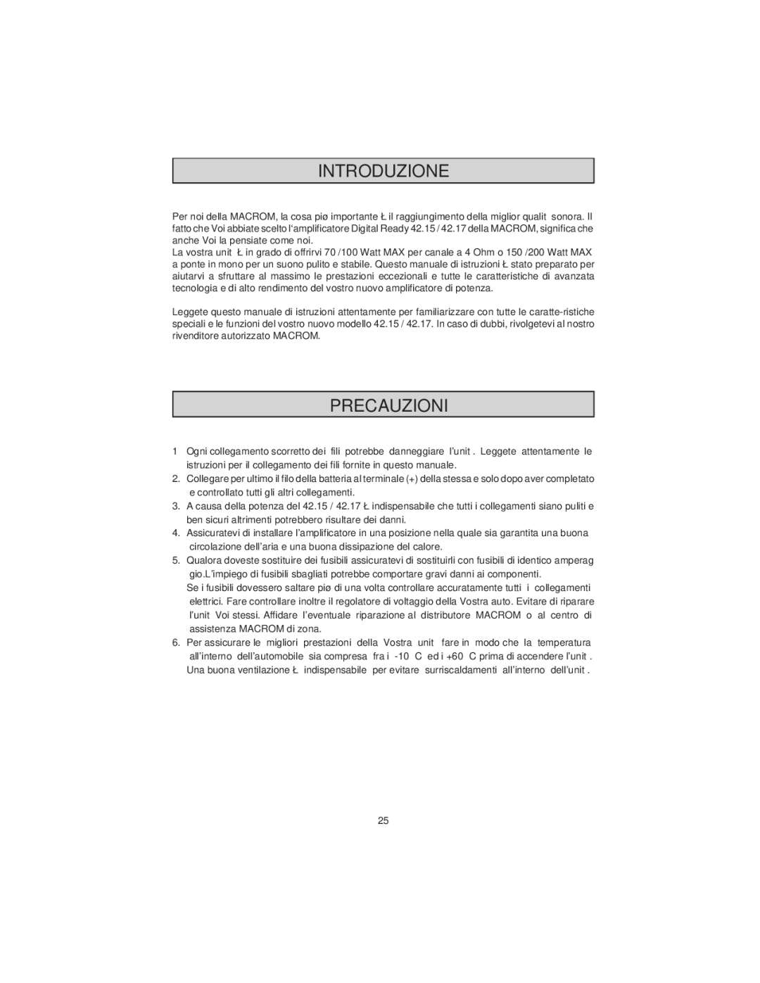 Macrom 42.26, 42.24 owner manual Introduzione, Precauzioni 