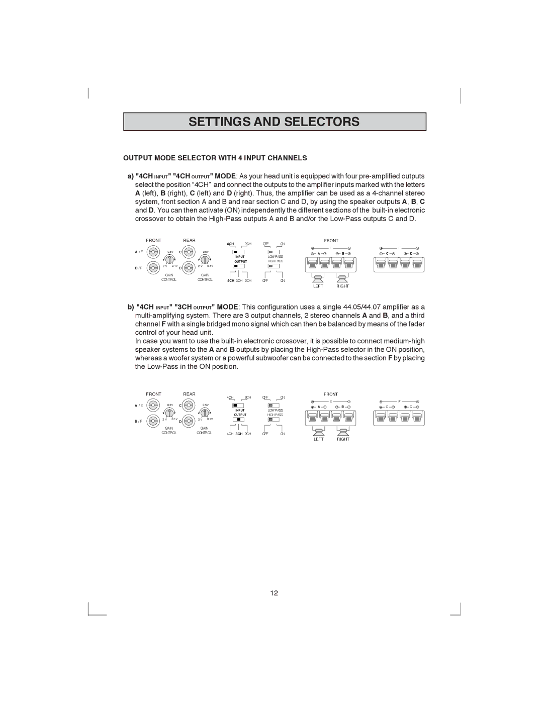 Macrom 44.07, 44.05 owner manual Output Mode Selector with 4 Input Channels, Front Rear 