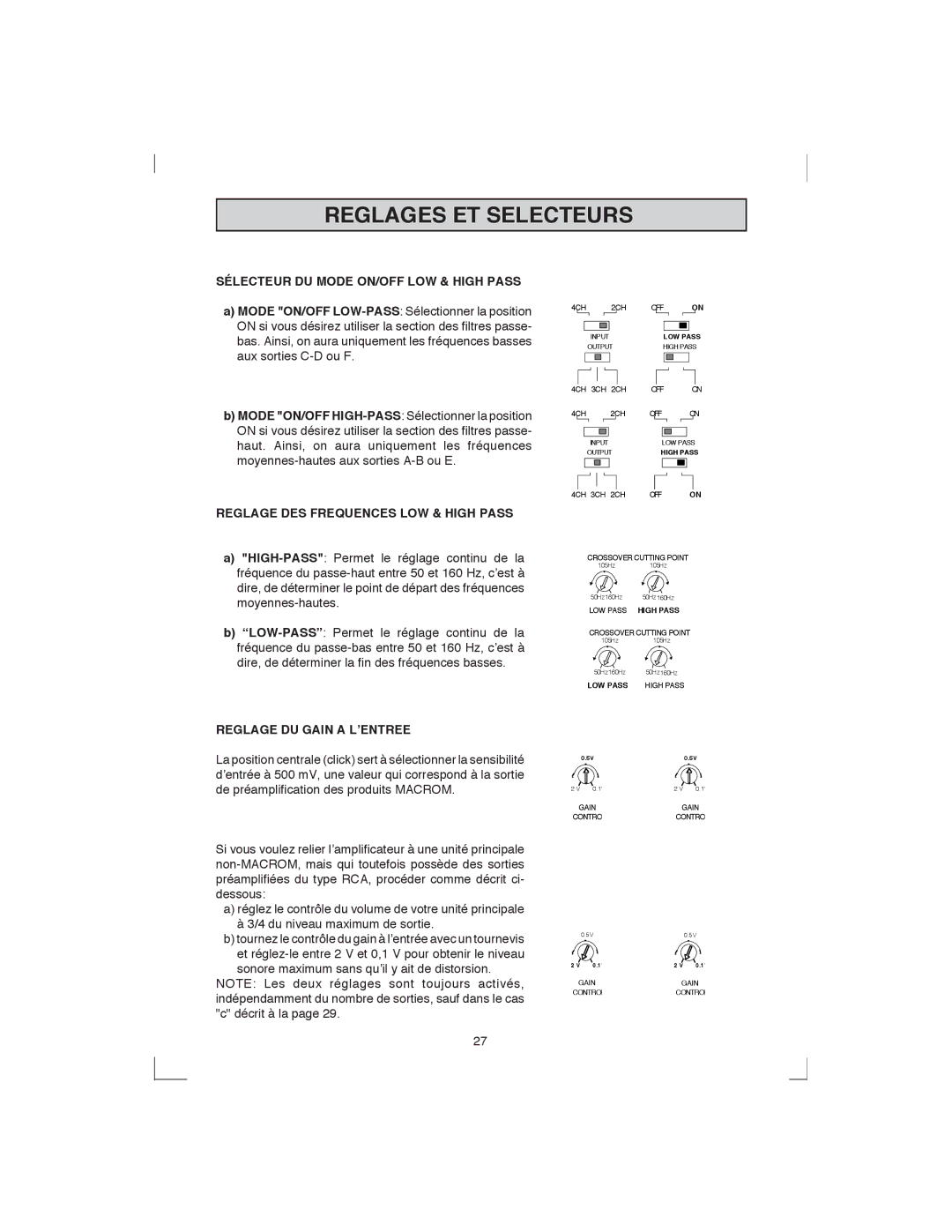 Macrom 44.05 Reglages ET Selecteurs, Sélecteur DU Mode ON/OFF LOW & High Pass, Reglage DES Frequences LOW & High Pass 