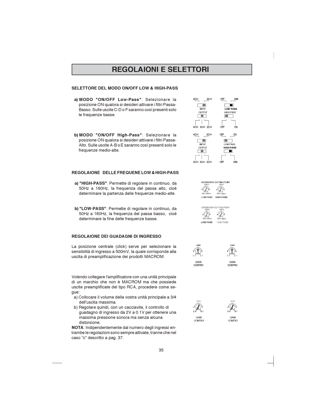 Macrom 44.05 Regolazioni E Selettori, Selettore DEL Modo ON/OFF LOW & HIGH-PASS, Regolazione DEI Guadagni DI Ingresso 