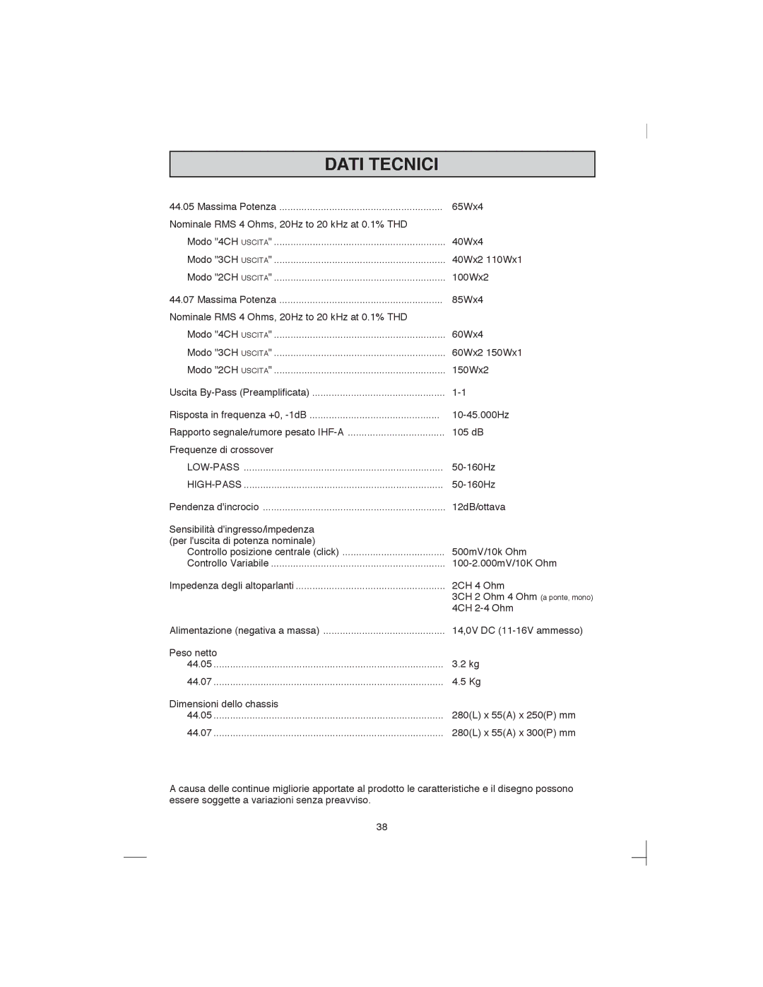 Macrom 44.07, 44.05 owner manual Dati Tecnici 