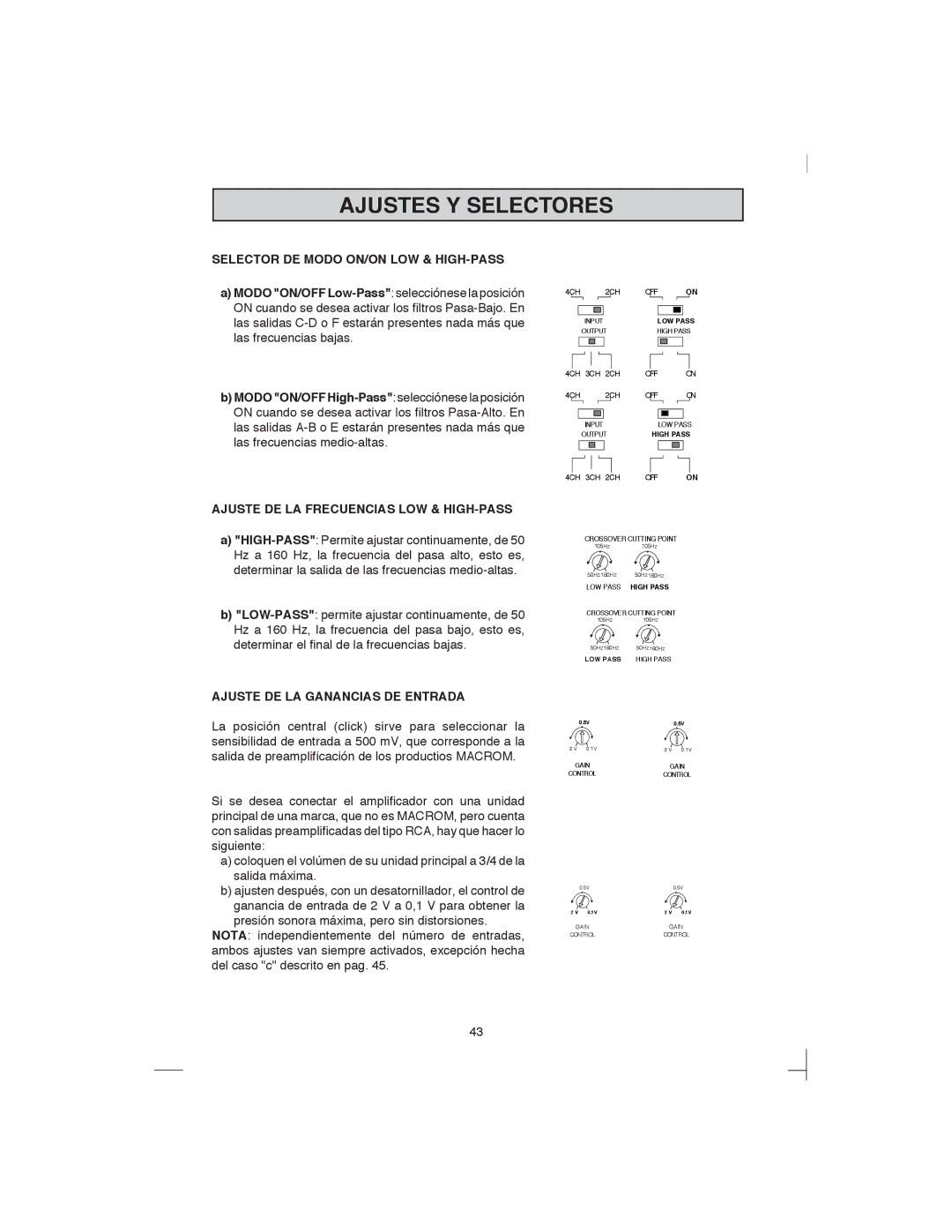 Macrom 44.05, 44.07 Ajustes Y Selectores, Selector DE Modo ON/ON LOW & HIGH-PASS, Ajuste DE LA Frecuencias LOW & HIGH-PASS 