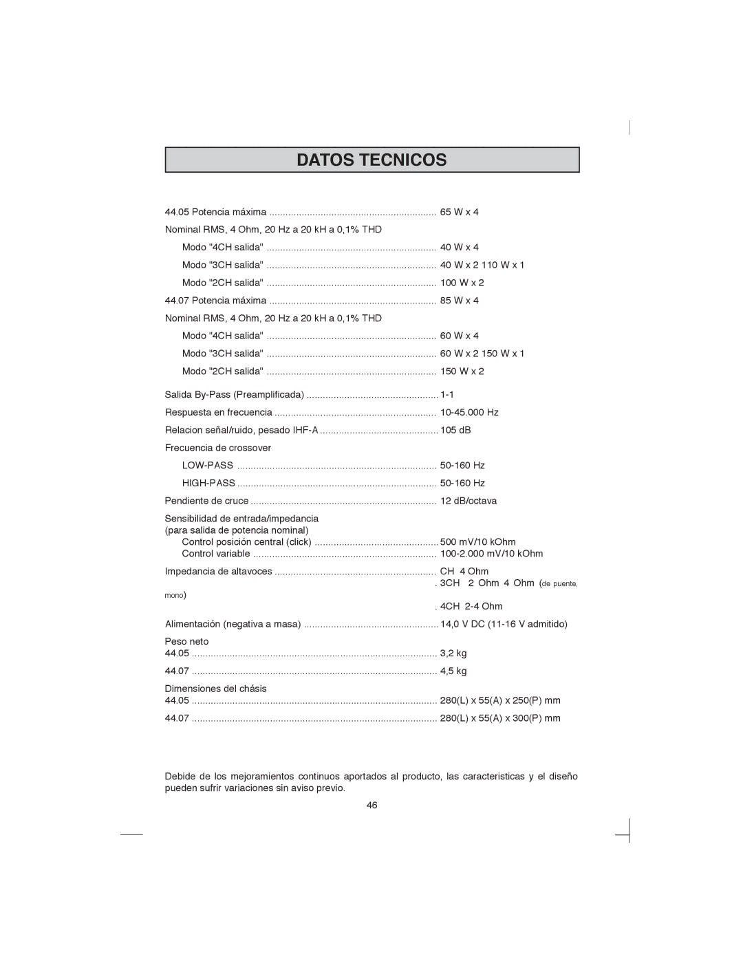 Macrom 44.07, 44.05 owner manual Datos Tecnicos 