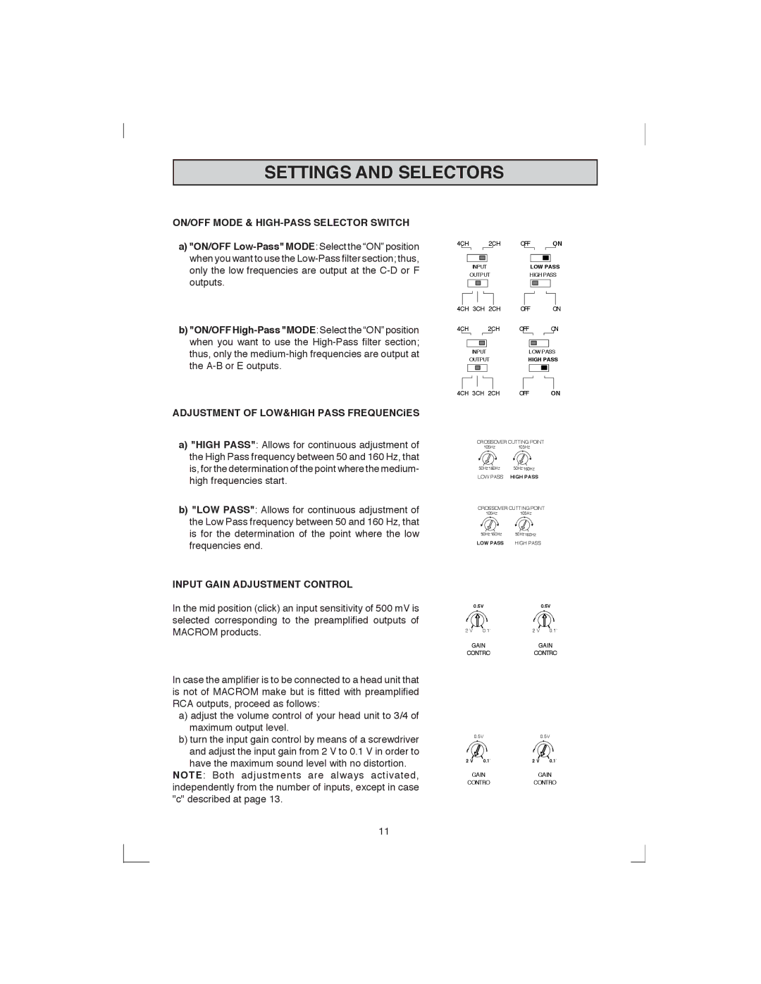 Macrom 44.05, 44.07 Settings and Selectors, ON/OFF Mode & HIGH-PASS Selector Switch, Input Gain Adjustment Control 