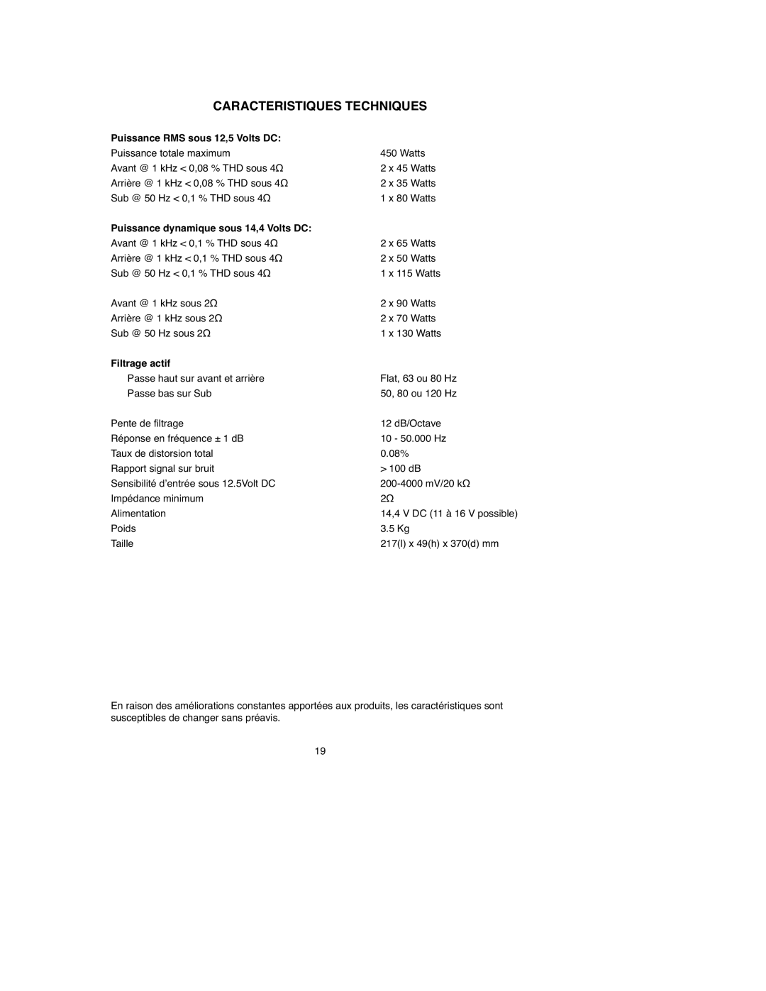 Macrom 45.40 Caracteristiques Techniques, Puissance RMS sous 12,5 Volts DC, Puissance dynamique sous 14,4 Volts DC 