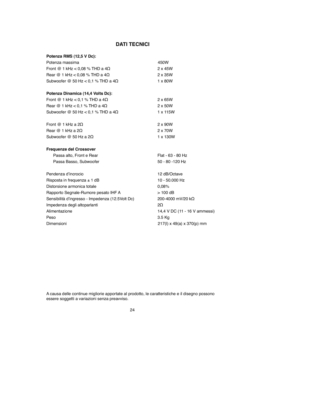 Macrom 45.40 owner manual Dati Tecnici, Potenza RMS 12,5 V Dc, Potenza Dinamica 14,4 Volts Dc, Frequenze del Crossover 