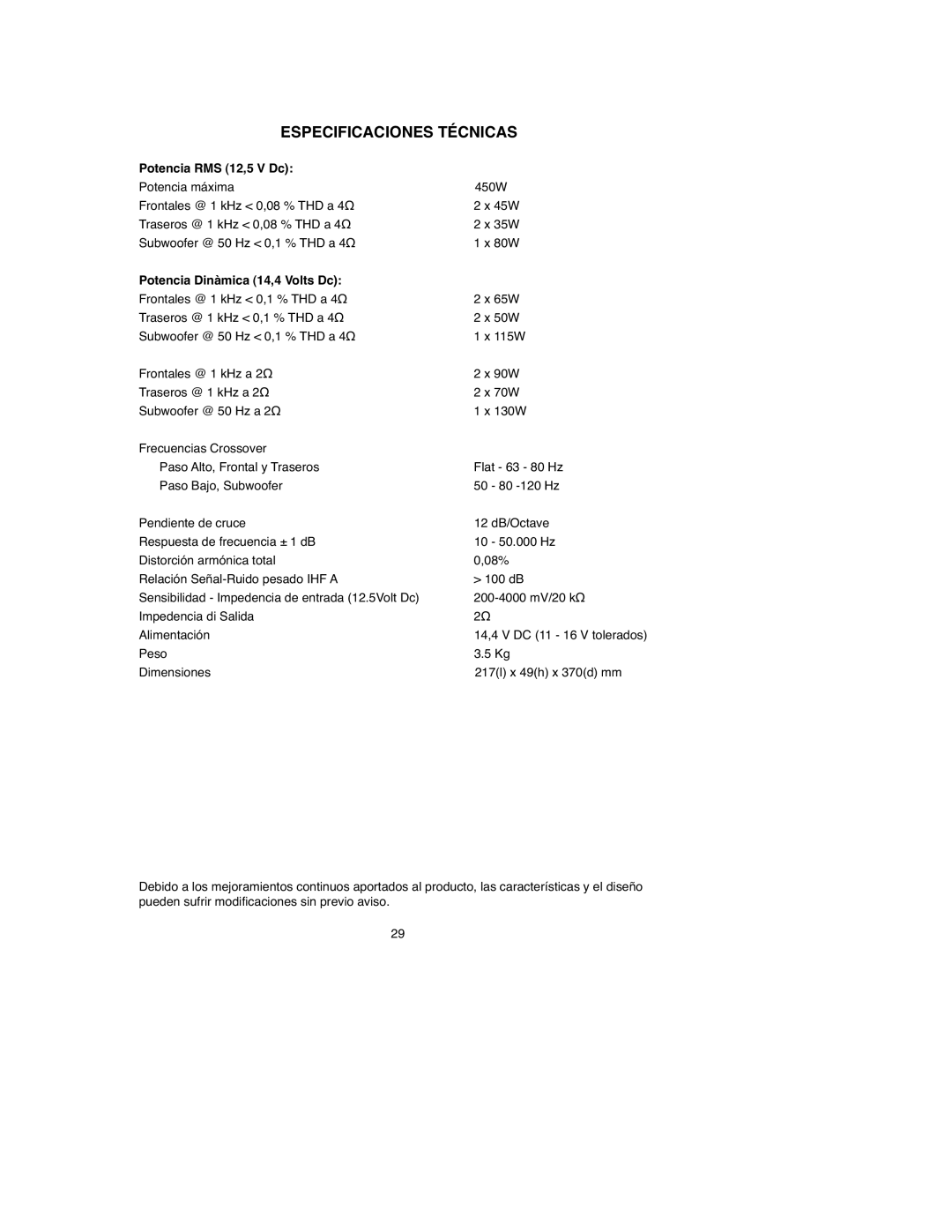 Macrom 45.40 owner manual Especificaciones Técnicas, Potencia RMS 12,5 V Dc, Potencia Dinàmica 14,4 Volts Dc 