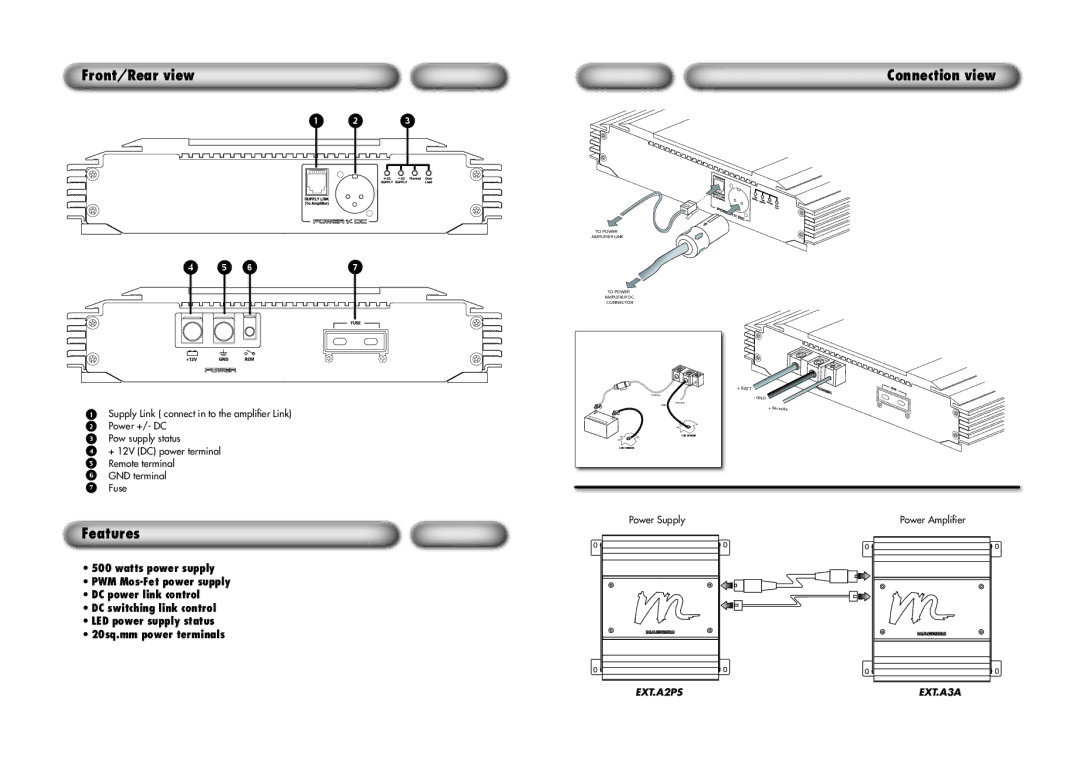 Macrom EXT.A2PS owner manual Front/Rear view Connection view, Features 