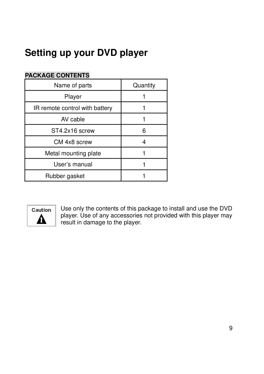 Macrom M-DVD902RV manual Setting up your DVD player, Package Contents 