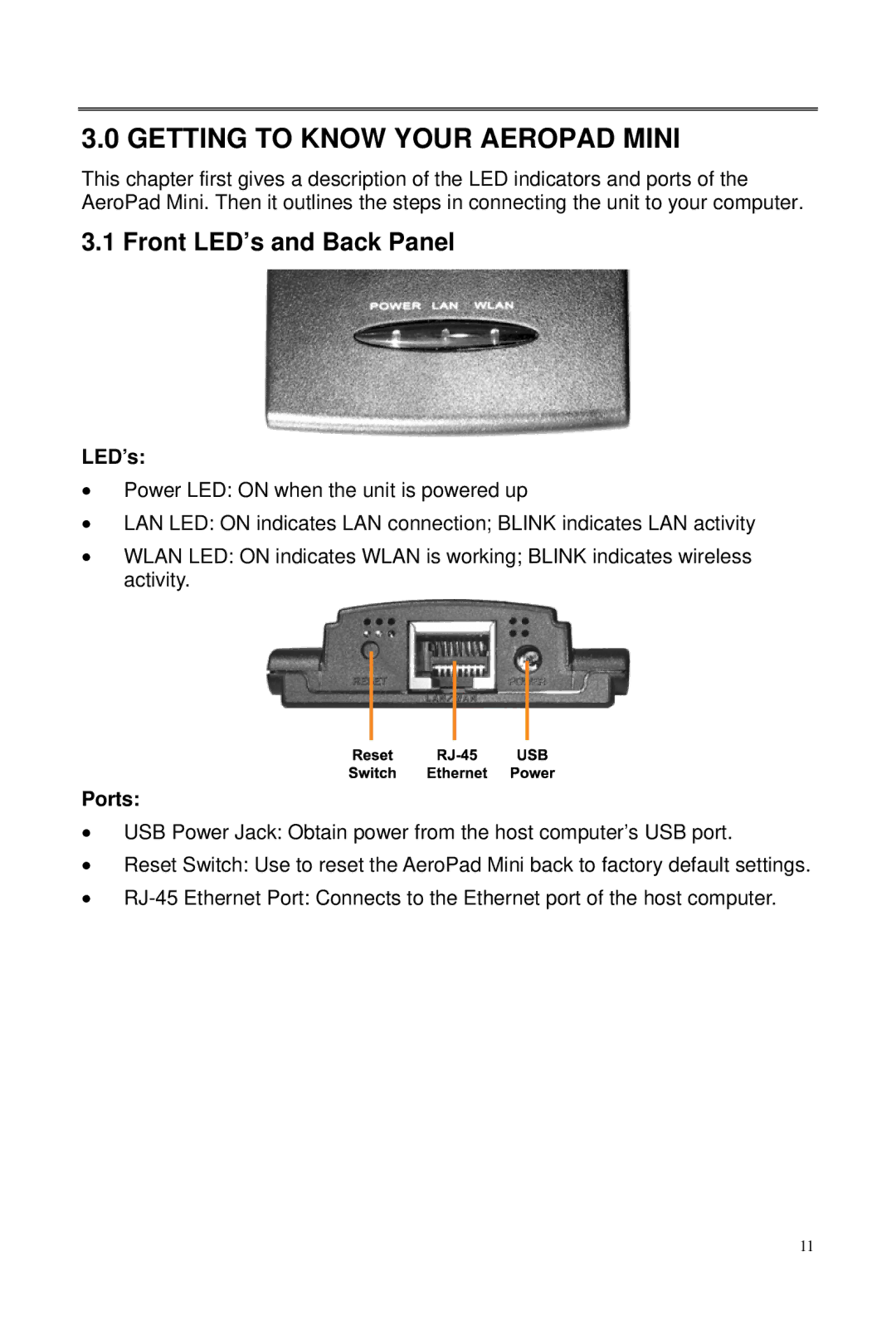 Macsense Connectivity AeroPad Mini user manual Getting to Know Your Aeropad Mini, Front LED’s and Back Panel, Ports 