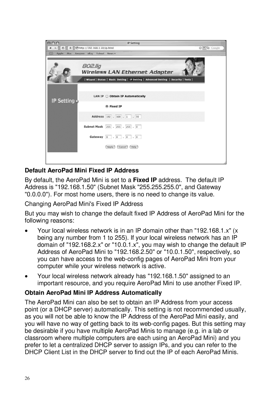 Macsense Connectivity user manual Default AeroPad Mini Fixed IP Address, Obtain AeroPad Mini IP Address Automatically 