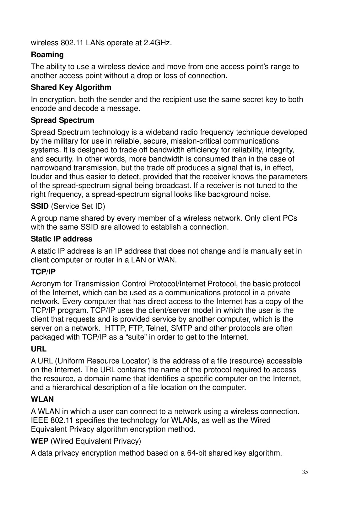 Macsense Connectivity AeroPad Mini user manual Roaming, Shared Key Algorithm, Spread Spectrum, Static IP address 