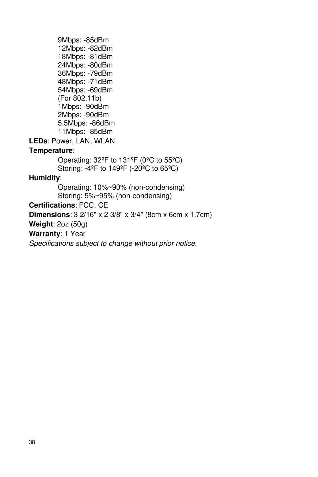 Macsense Connectivity AeroPad Mini user manual Humidity, Certifications FCC, CE, Warranty 1 Year 