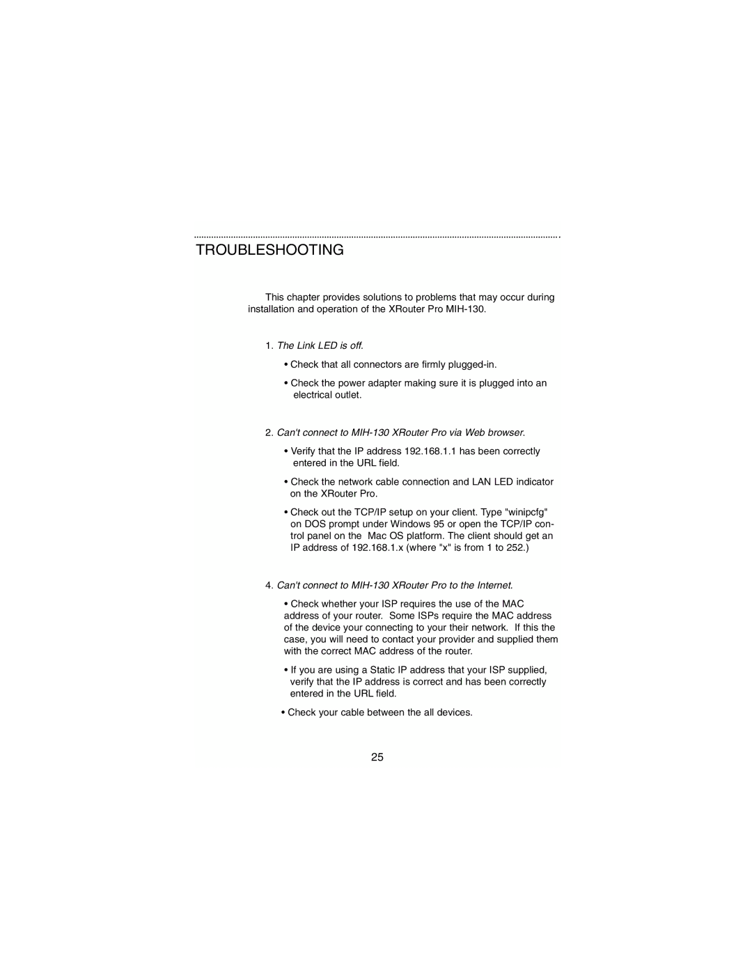 Macsense Connectivity MIH-130 user manual Troubleshooting, Link LED is off 