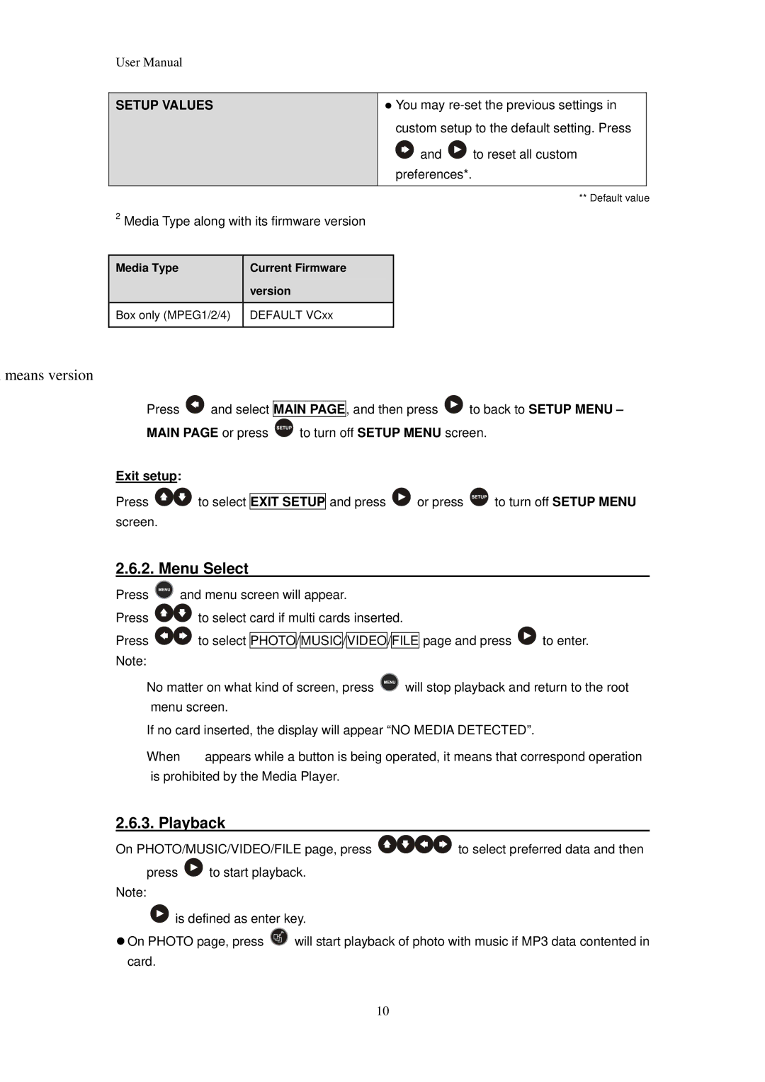 Macsense Connectivity none manual Menu Select, Playback, Setup Values, Exit setup 