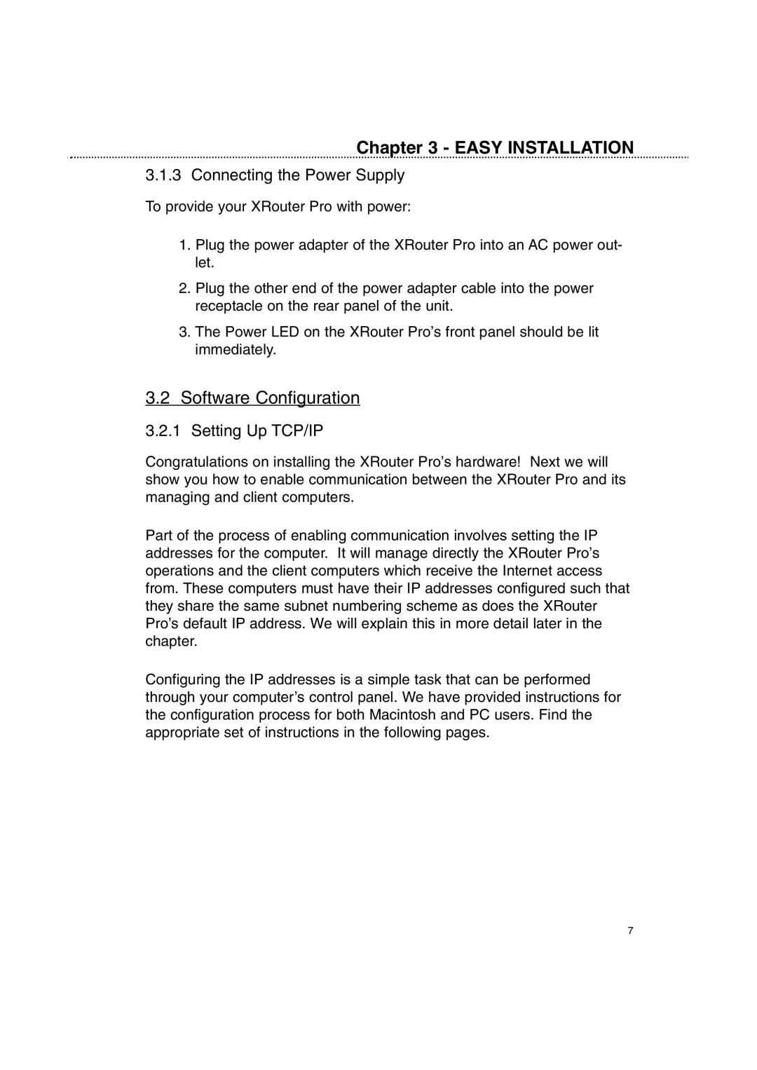 Macsense Connectivity XRouter Pro user manual Software Configuration, Connecting the Power Supply, Setting Up TCP/IP 